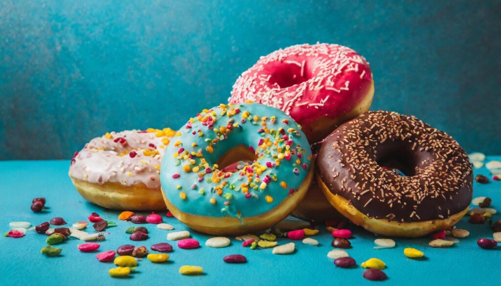 AI generated Photo of colorful glazed donuts with a bright blue background Stock Free