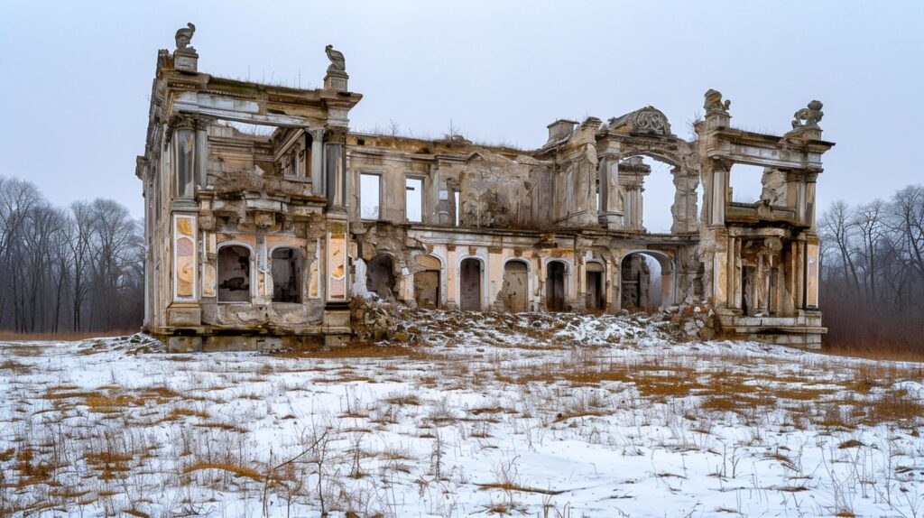 Photo of dilapidated, ancient building with remnants of grandeur. The structure is made of stone and has multiple levels Ai Generated Free Photo