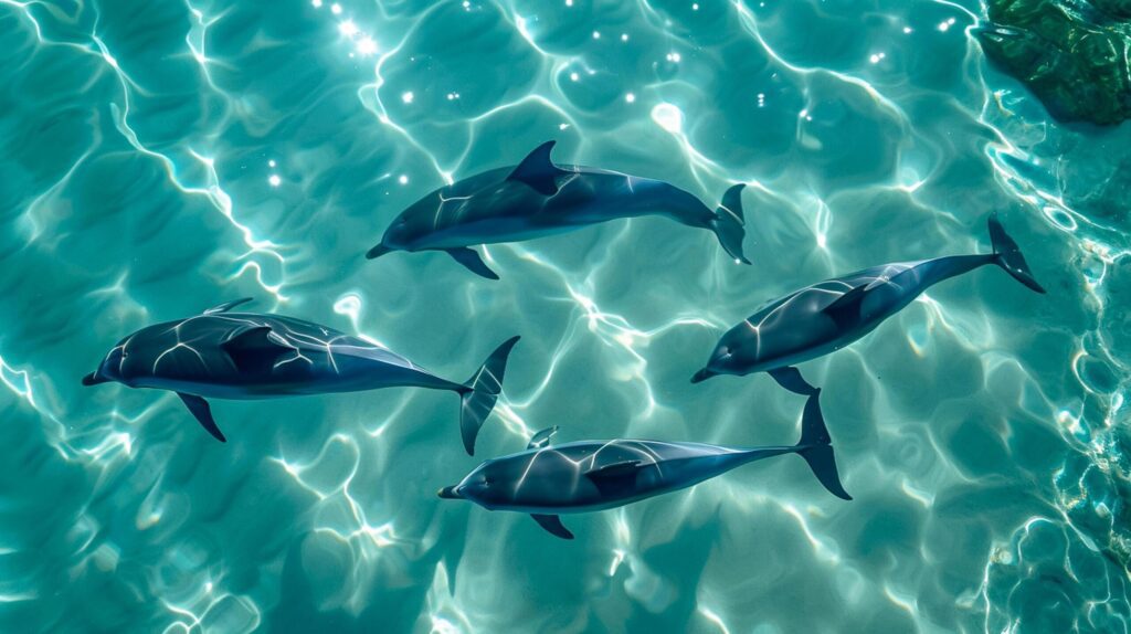 Photo of four dolphins swimming gracefully through turquoise waters. The water is so clear that the bodies of the dolphins are visible from above the surface Ai Generated Free Photo