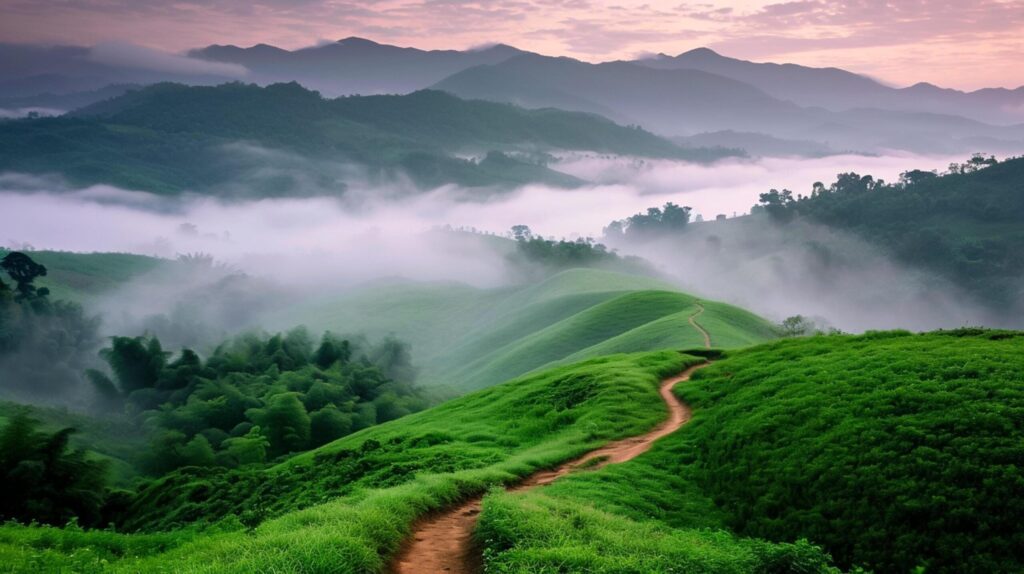 Photo of rolling green hills covered in lush greenery amidst misty atmosphere. dirt path winds through the landscape, nature concept Ai Generated Free Photo