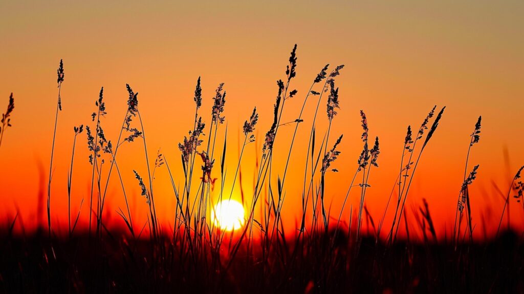 Photo of silhouetted wild grass against vibrant sunset. The sky deep orange near the horizon to lighter hue as it ascends, indicating the sun setting Ai Generated Free Photo