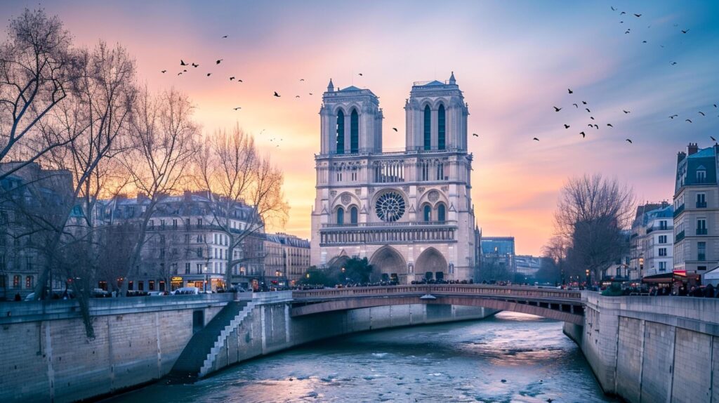 Photo of the iconic Notre Dame Cathedral in Paris, with serene river flowing in the foreground and soft, colorful sky at dusk as backdrop Ai Generated Free Photo