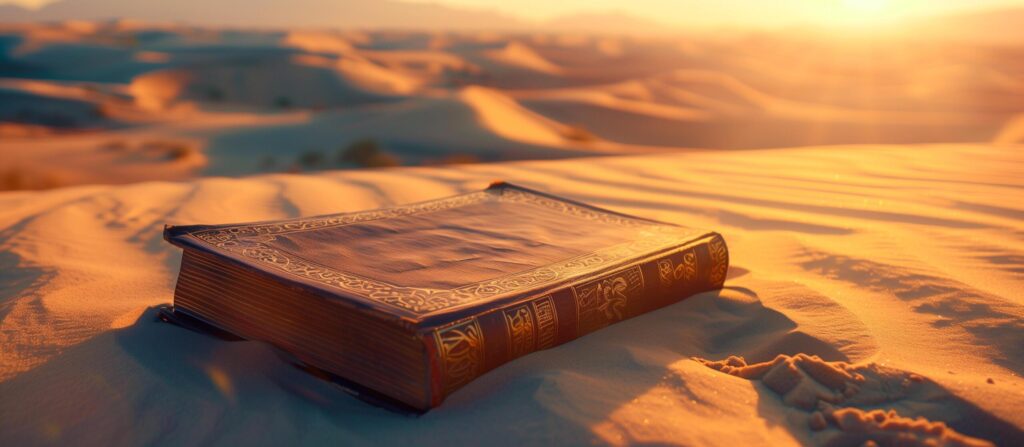 old book on the sand desert dunes at sunset Free Photo