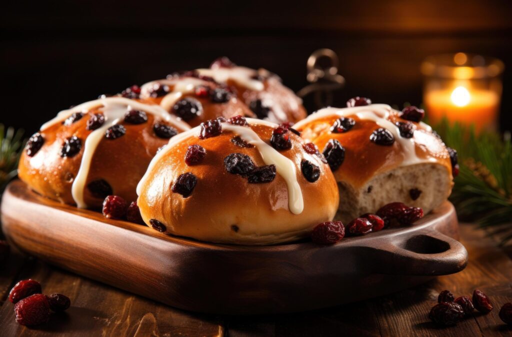 on wood on top of warm hot cross buns Free Photo