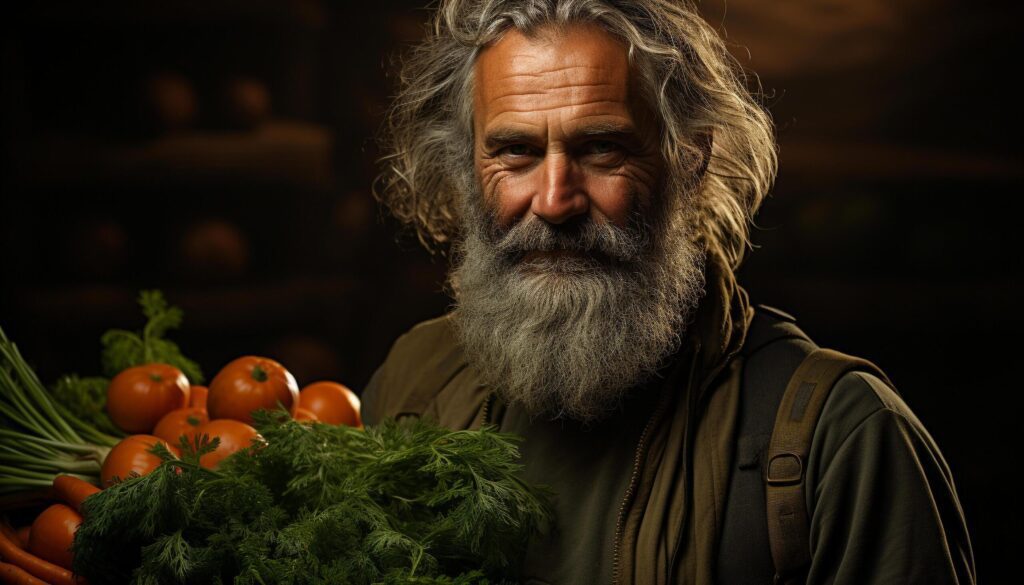 One senior man, outdoors, holding fresh organic vegetables, smiling generated by AI Free Photo