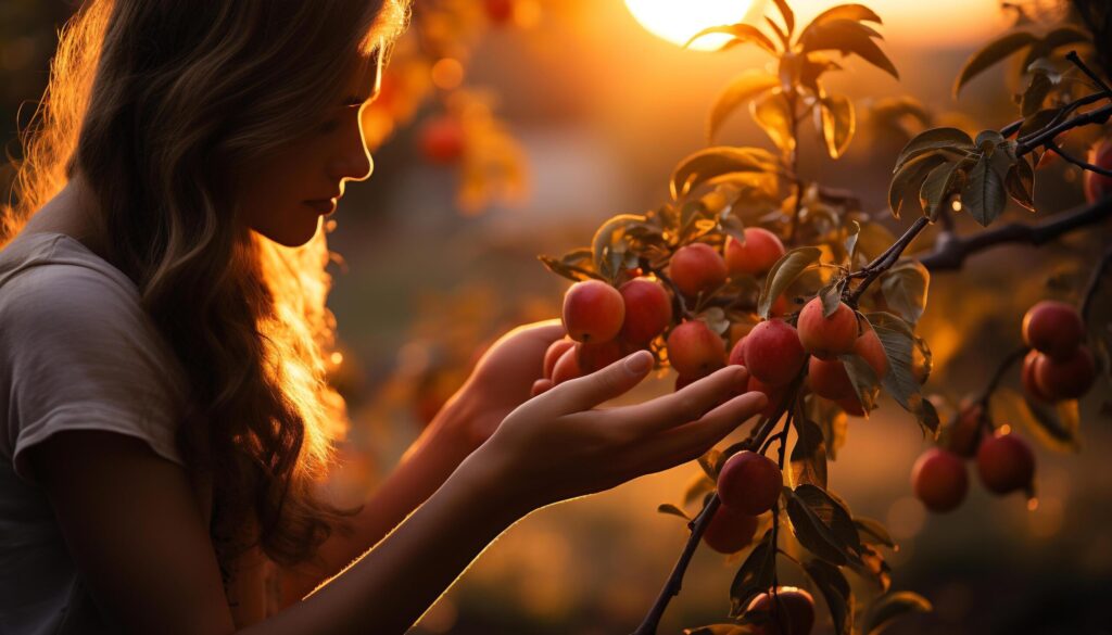 One woman holding ripe fruit, enjoying the harvest outdoors generated by AI Free Photo