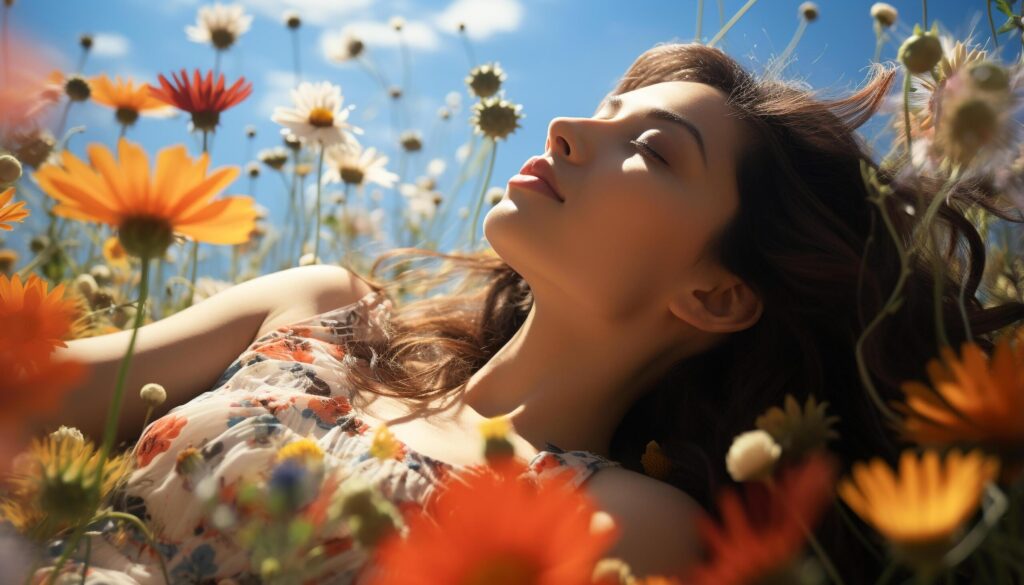 One young woman smiling, enjoying nature beauty outdoors generated by AI Free Photo