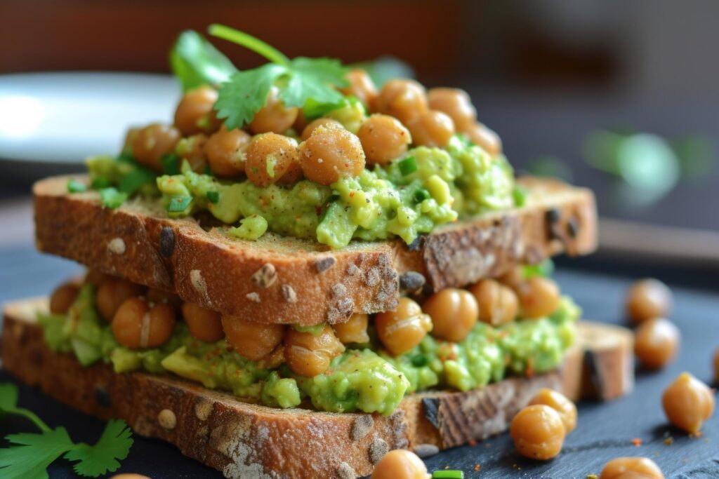 Open sandwiches toasts with salted salmon, avocado guacamole, roasted chickpeas Free Photo