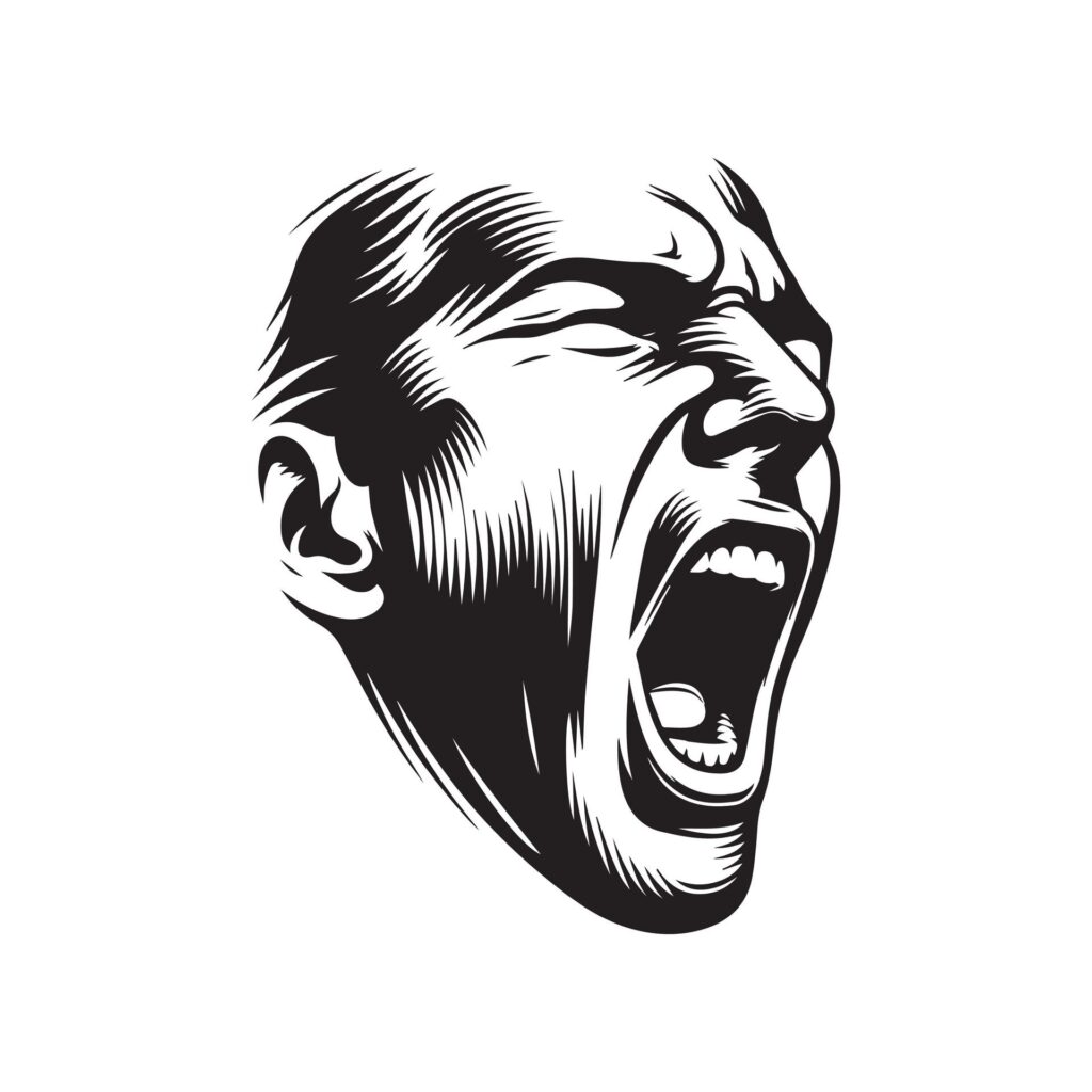 Open wide in shouting or calling out gesture illustration in black and white Free Vector