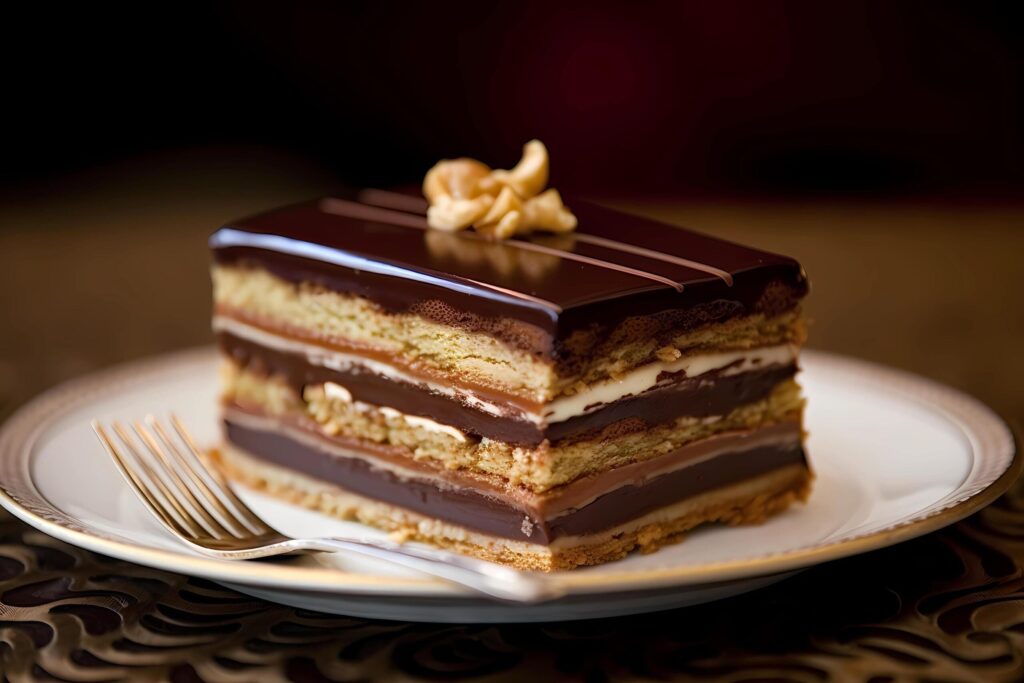 Opera Cake – Originating in France, Opera Cake is a layered dessert made with almond sponge cake, coffee buttercream, and chocolate ganache Free Photo