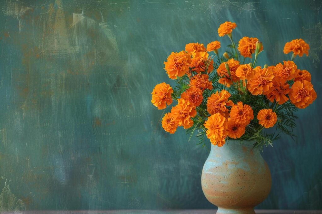 AI generated Orange Marigolds in Ceramic Vase on Teal Background Stock Free