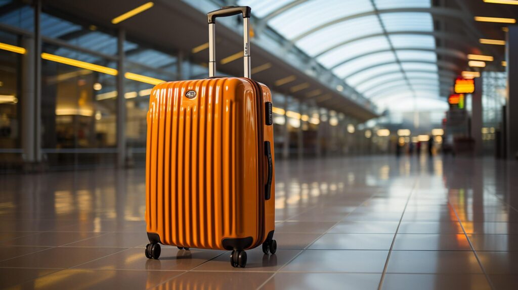 Orange suitcase in airport terminal Travel and vacation concept Free Photo