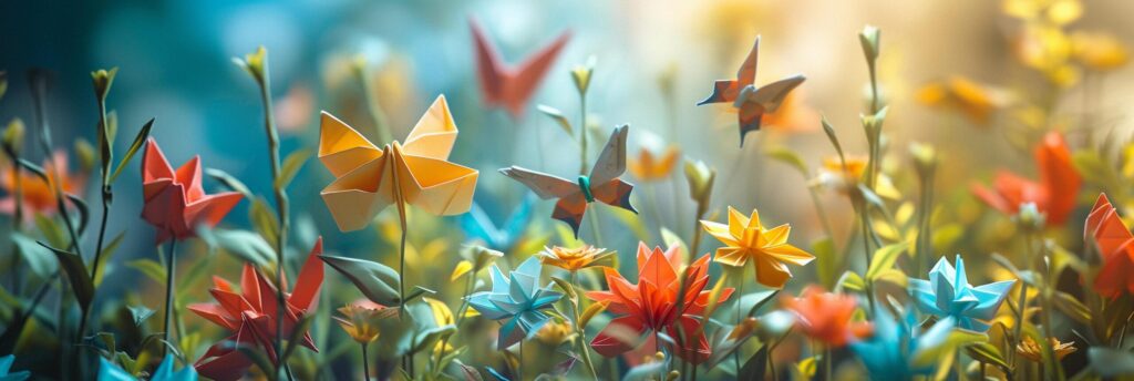 Origami Garden, illustrate an enchanting garden scene with origami flowers, plants and butterflies, background image, generative AI Free Photo