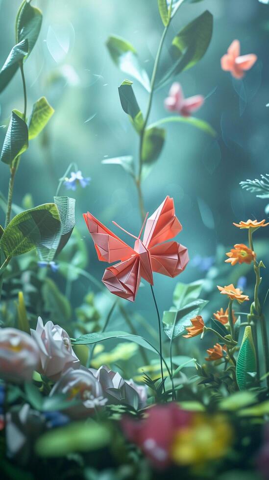 AI generated Origami Garden, illustrate an enchanting garden scene with origami flowers, plants and butterflies, background image, generative AI Stock Free