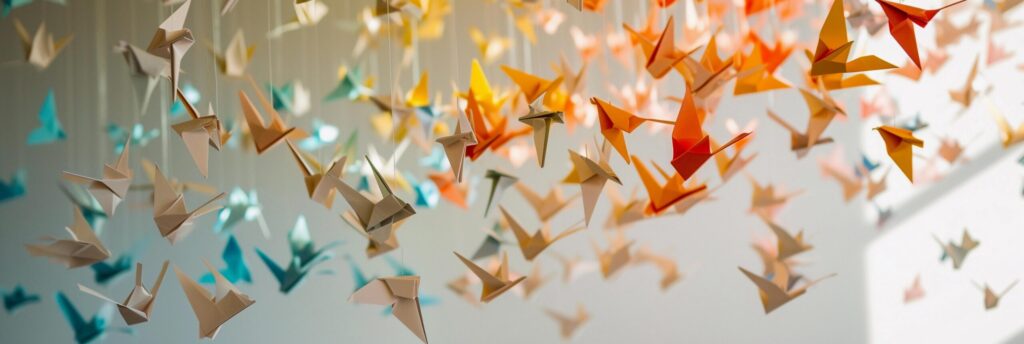 Origami Mobile, mobile composed of delicate origami creations, background image, generative AI Free Photo