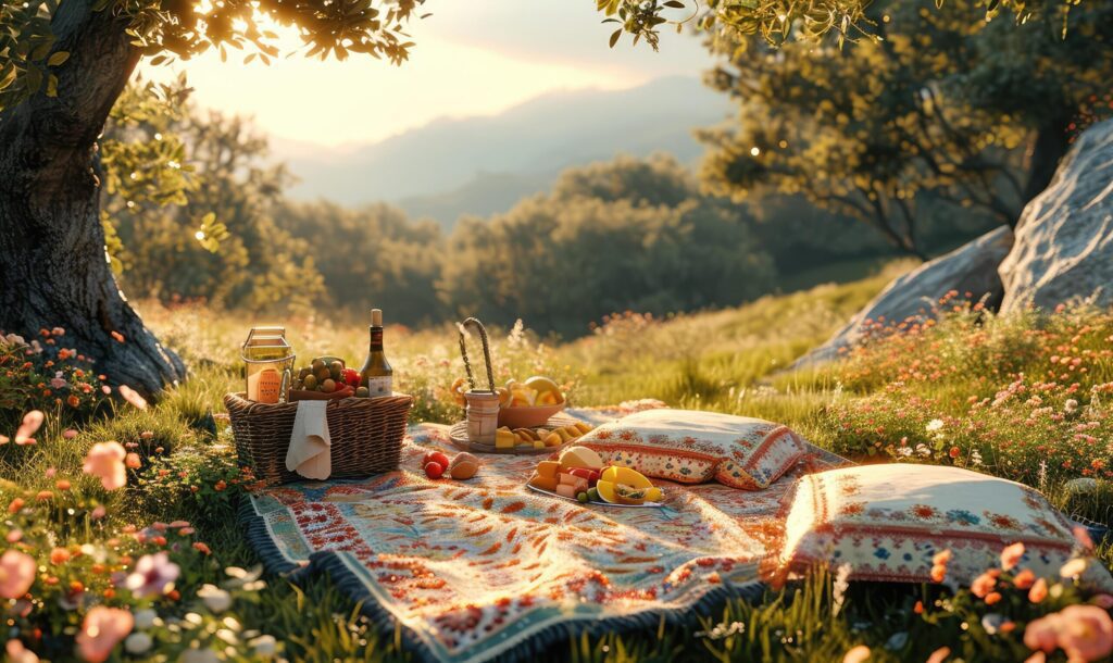 outdoor picnic scene in a lush, green meadow Free Photo