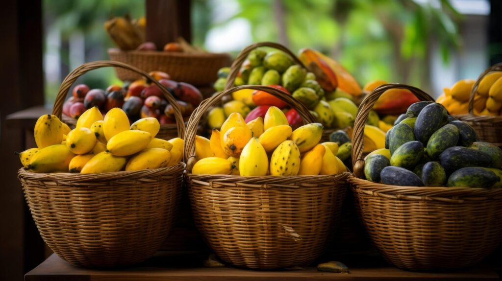 Overflowing baskets showcasing a variety of luscious and ripe pawpaws Free Photo