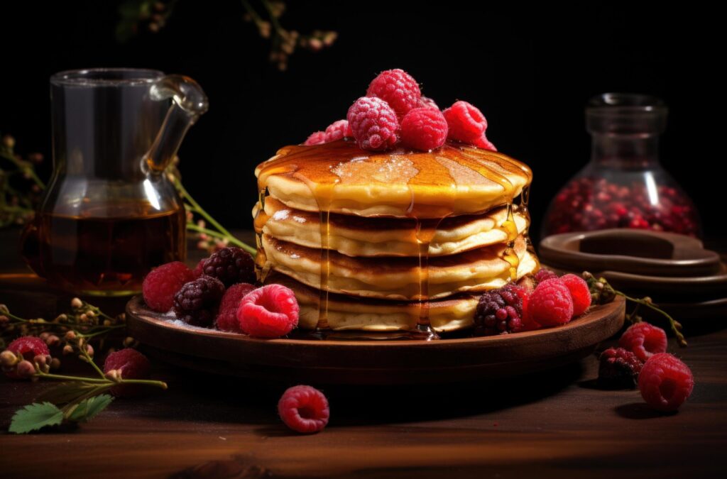 pancakes on stacked wooden platter with glaze and raspberries Free Photo