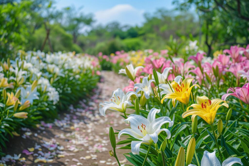 Pathway Through a Multicolored Lily Garden Free Photo