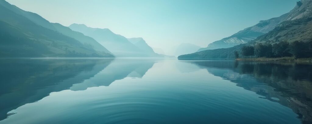 Peaceful morning view of a calm lake reflecting the surrounding mountains and trees under a clear blue sky. Free Photo