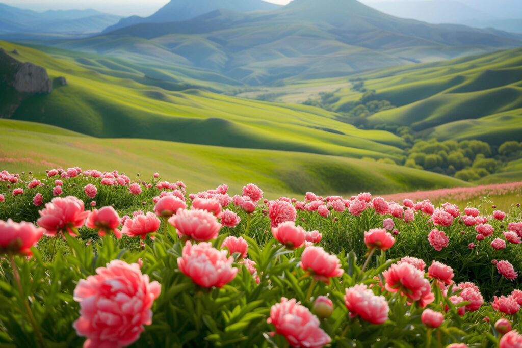 Peonies and Verdant Hills at Dawn Free Photo