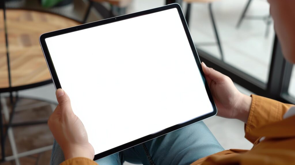 Person holding a tablet with white screen. Suitable for technology, education, digital concepts. Modern, blank, customizable, digital mockup design Free Photo