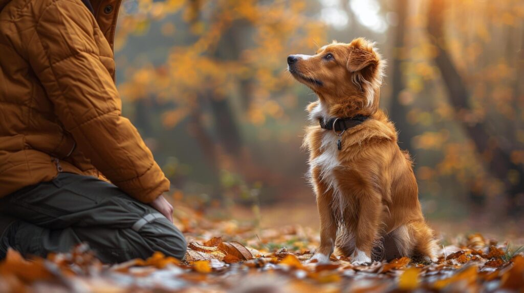 Person Kneeling Next to Dog Free Photo