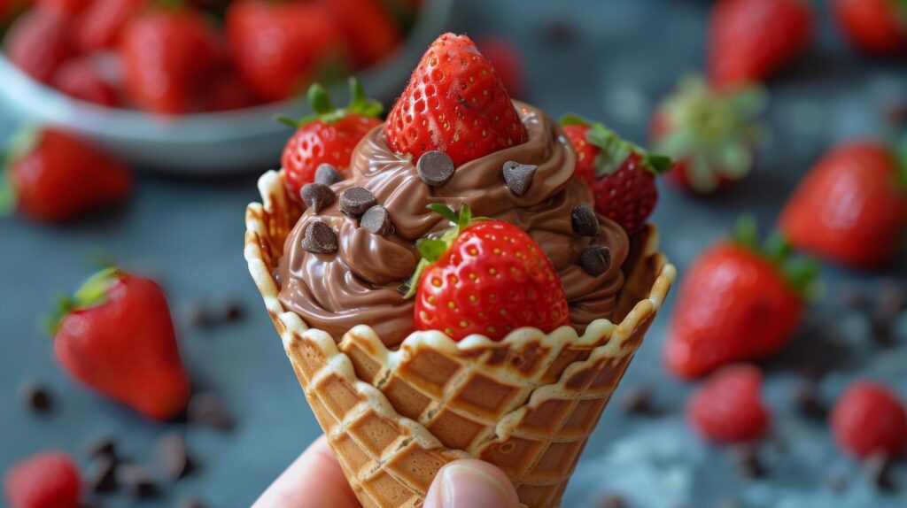 Person Scooping Chocolate From Waffle Cone With Strawberries Free Photo