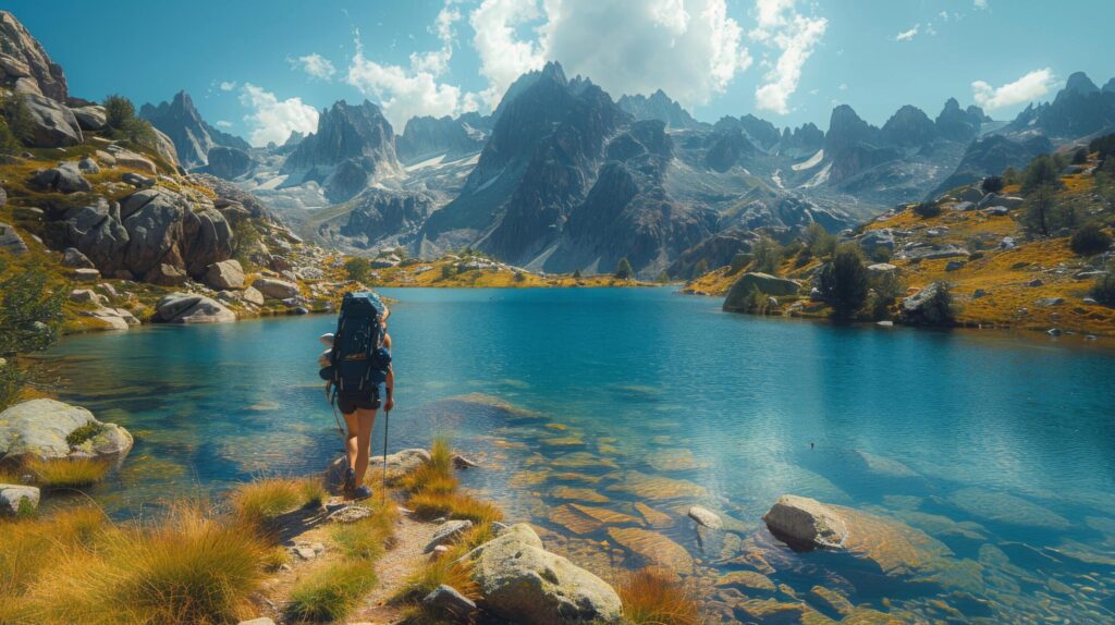 Person Standing in Front of Mountain Lake Free Photo