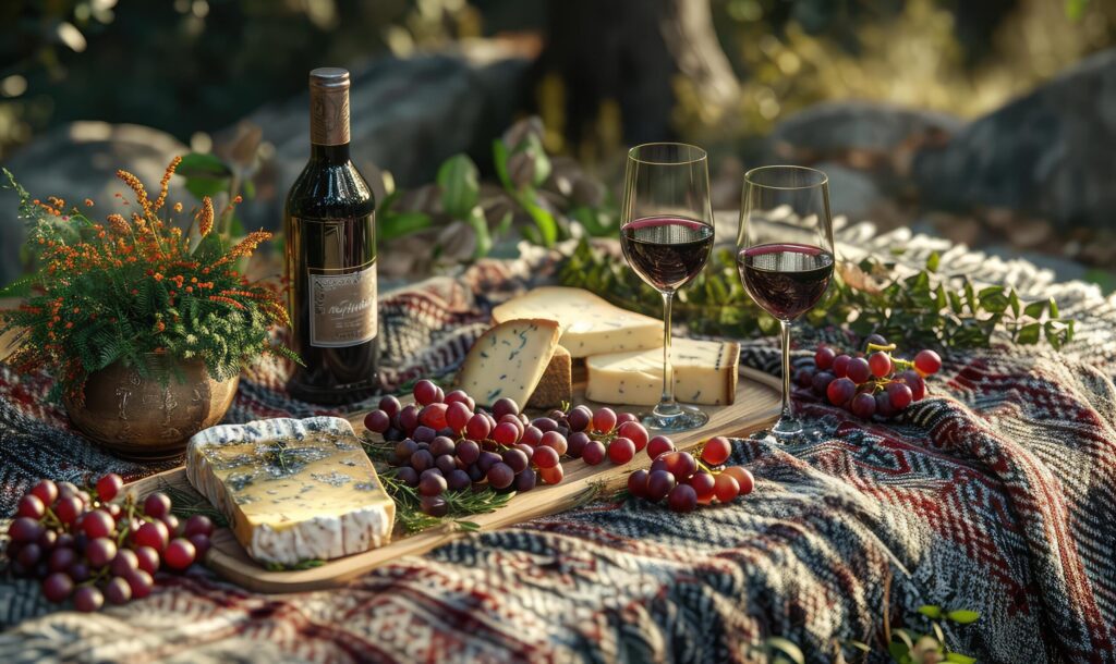 picnic with wine, cheese and grapes on a blanket Free Photo