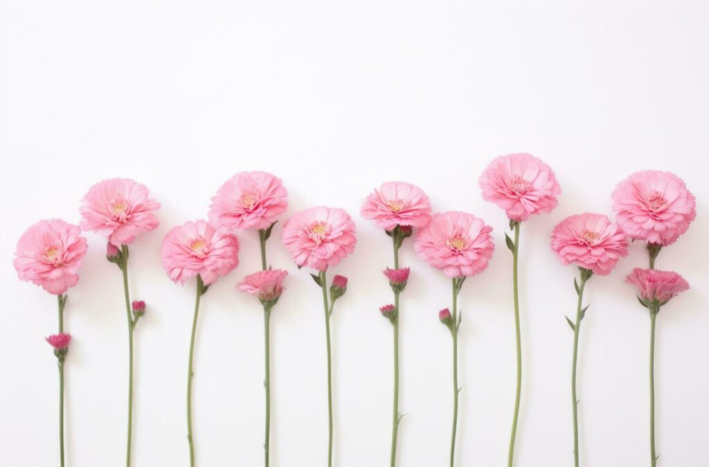 AI generated pink flowers arranged in a row on a white background, Stock Free