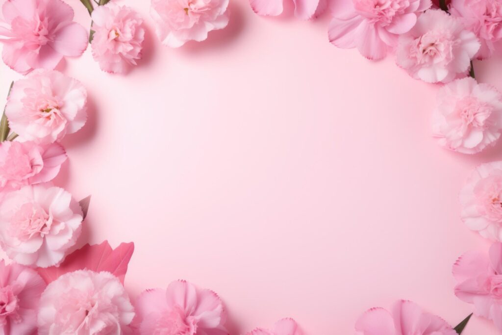 pink frames surrounded by pink carnations on a pink background Free Photo