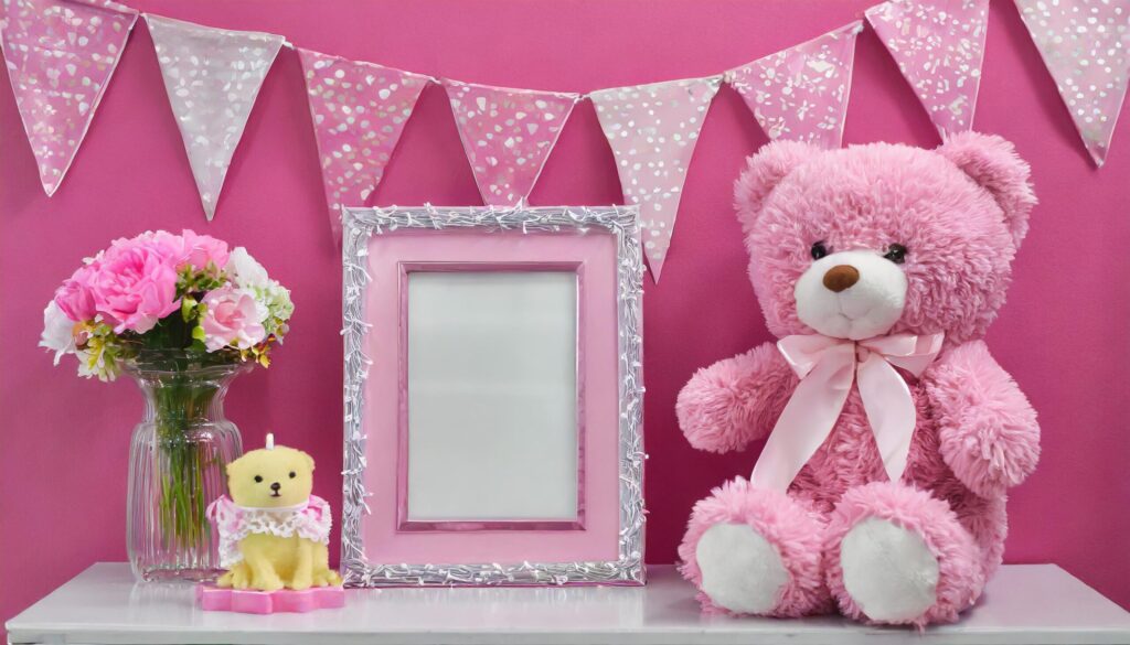 Pink teddy bear besides one pink photo frame in pink background on top of a table Free Photo