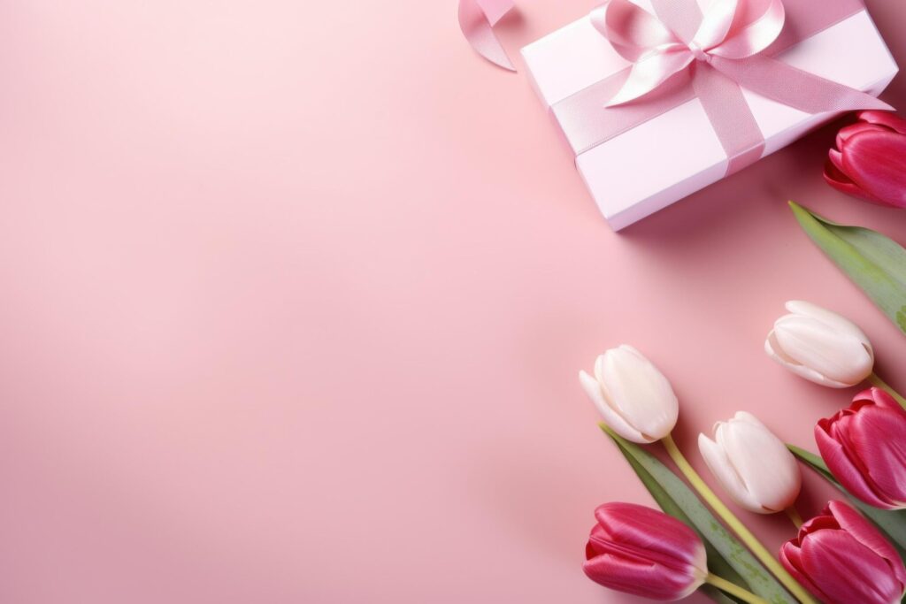 pink tulips and gifts on pink background Free Photo