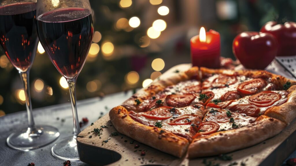 Pizza and wine on bokeh background. Home cooked Valentines Day dinner. Free Photo