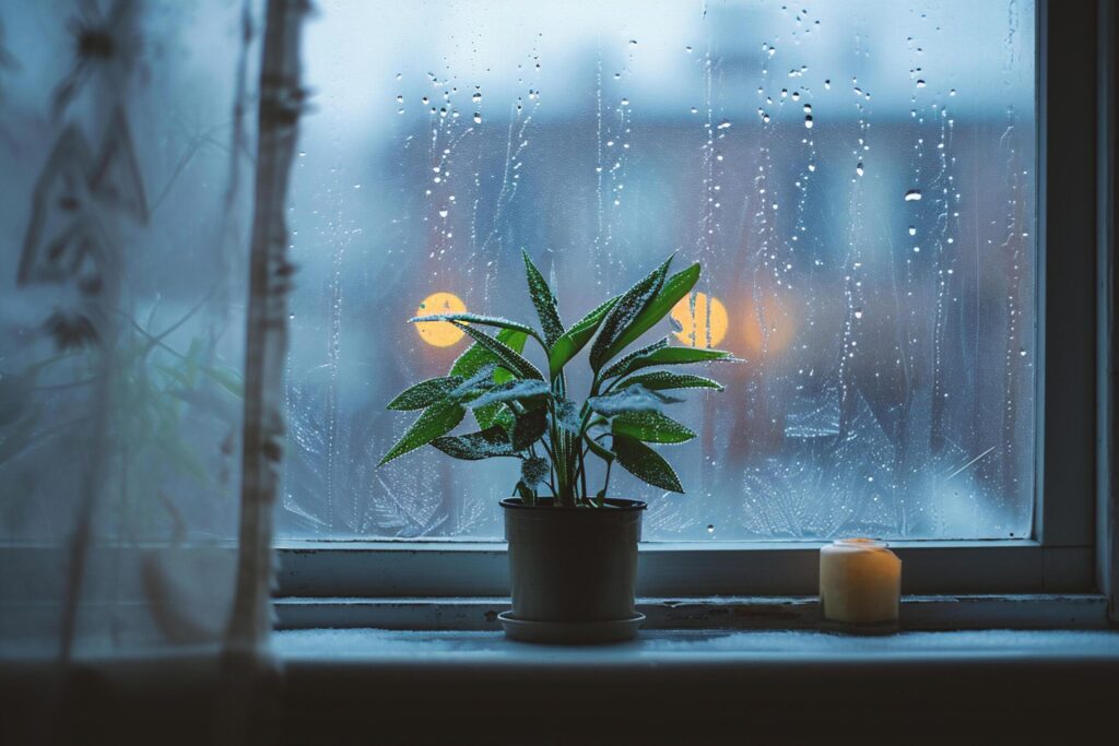 Plant in a pot on the windowsill with raindrops. Free Photo