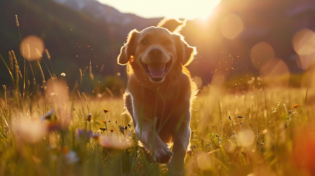 Playful Labrador Retriever Romps Through Sunlit Meadow with Wildflowers and Majestic Mountain Backdrop Free Photo