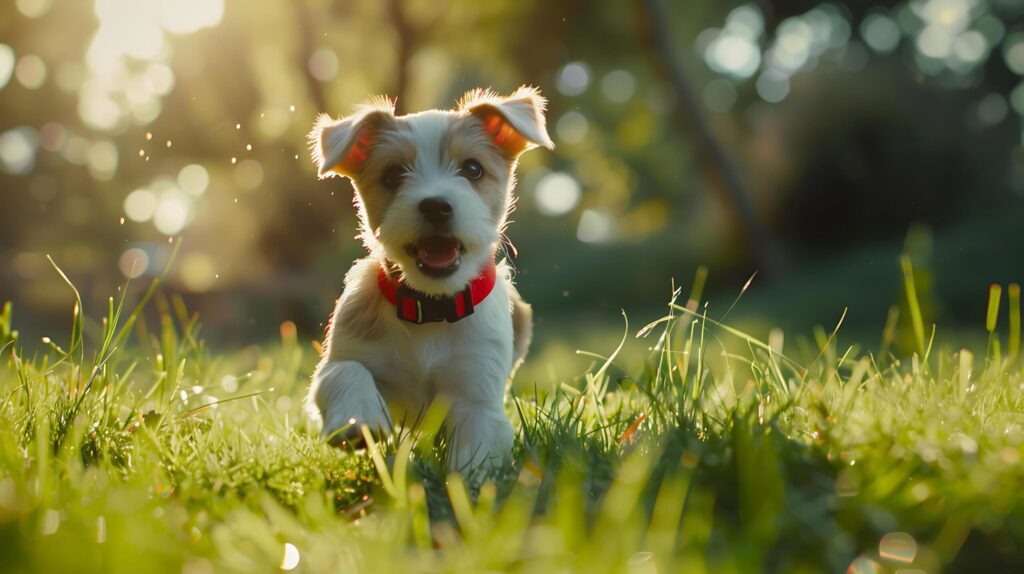 Playful Puppy Romps Through Lush Meadow in Dappled Sunlight Free Photo