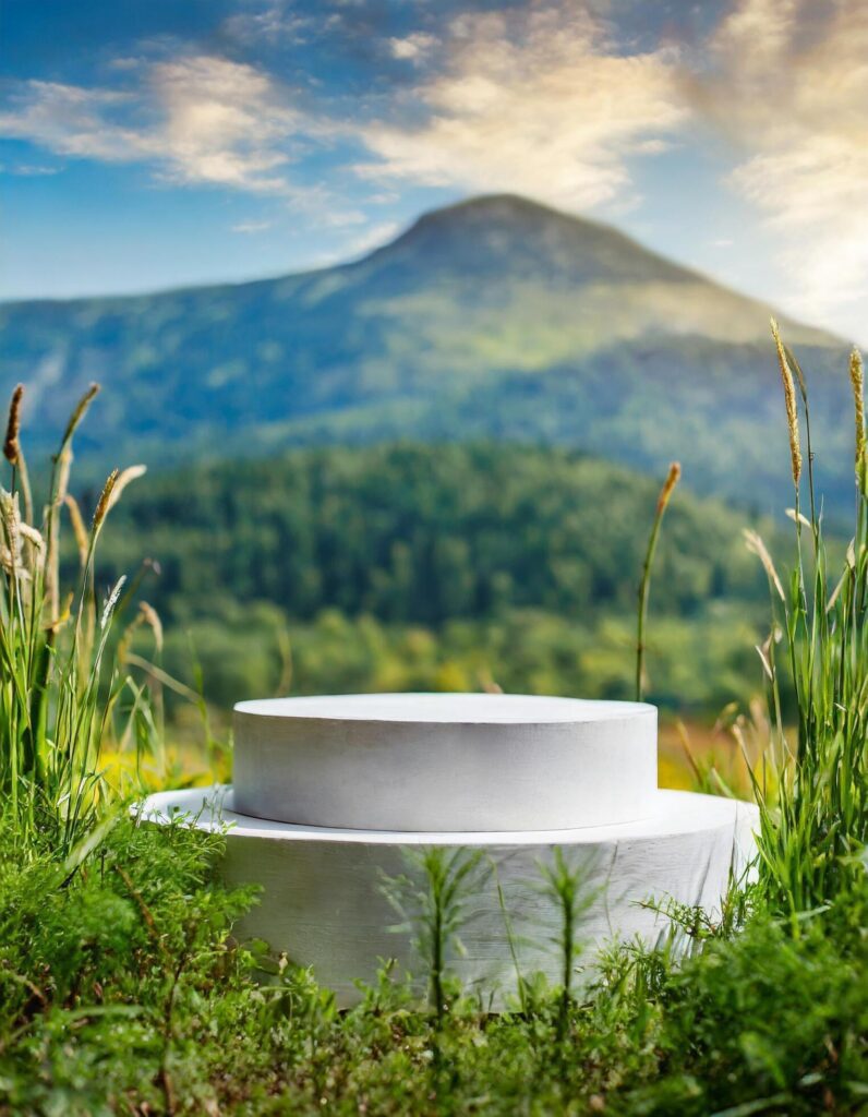 podium mockup in the grass with a beautiful background of nature Free Photo