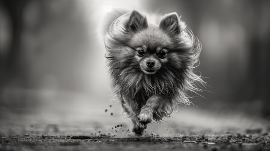 Pomeranian dog running, ideal for pet product advertisements, nature themed designs, or outdoor activity promotions for blogs, websites, or social media. Free Photo