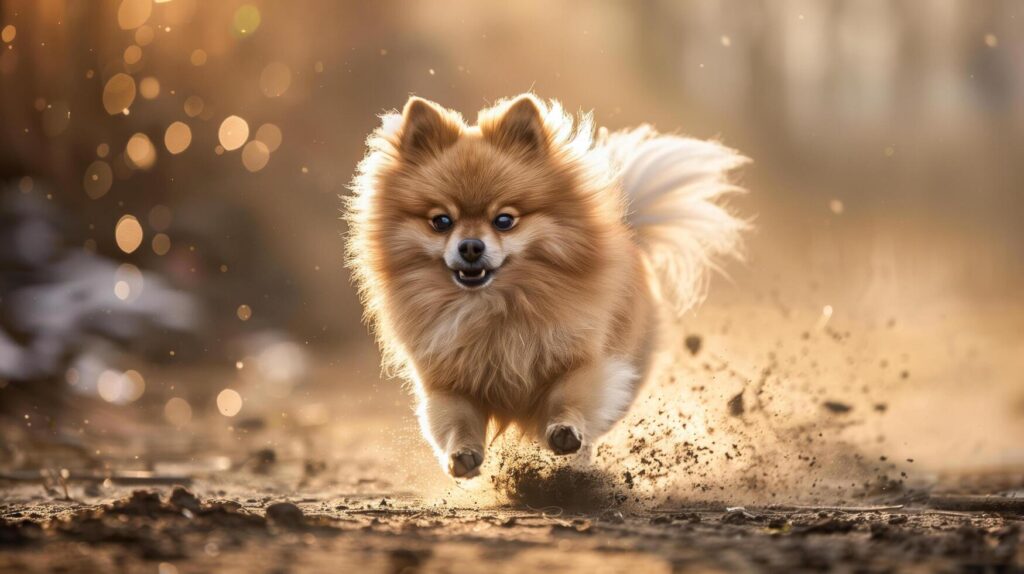 AI generated Pomeranian dog sprinting in dirt with blurred background, ideal for outdoor, active, canine, speed, nature, and pet related designs. Stock Free