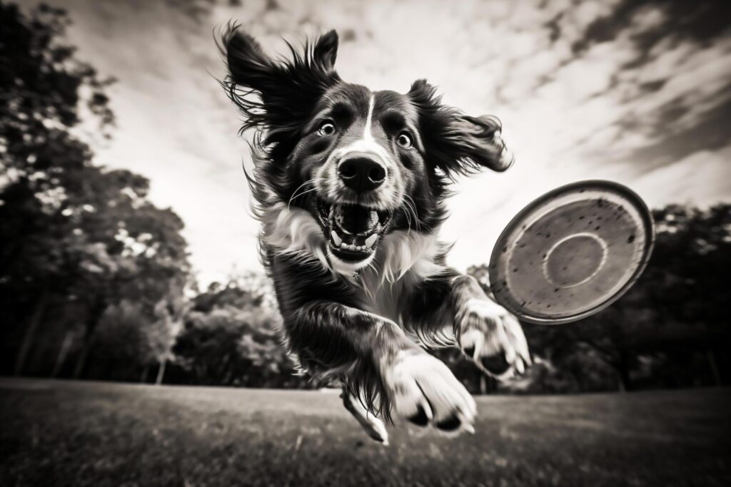 Portrait of a cute black and white border collie jumping with a flying disc Free Photo