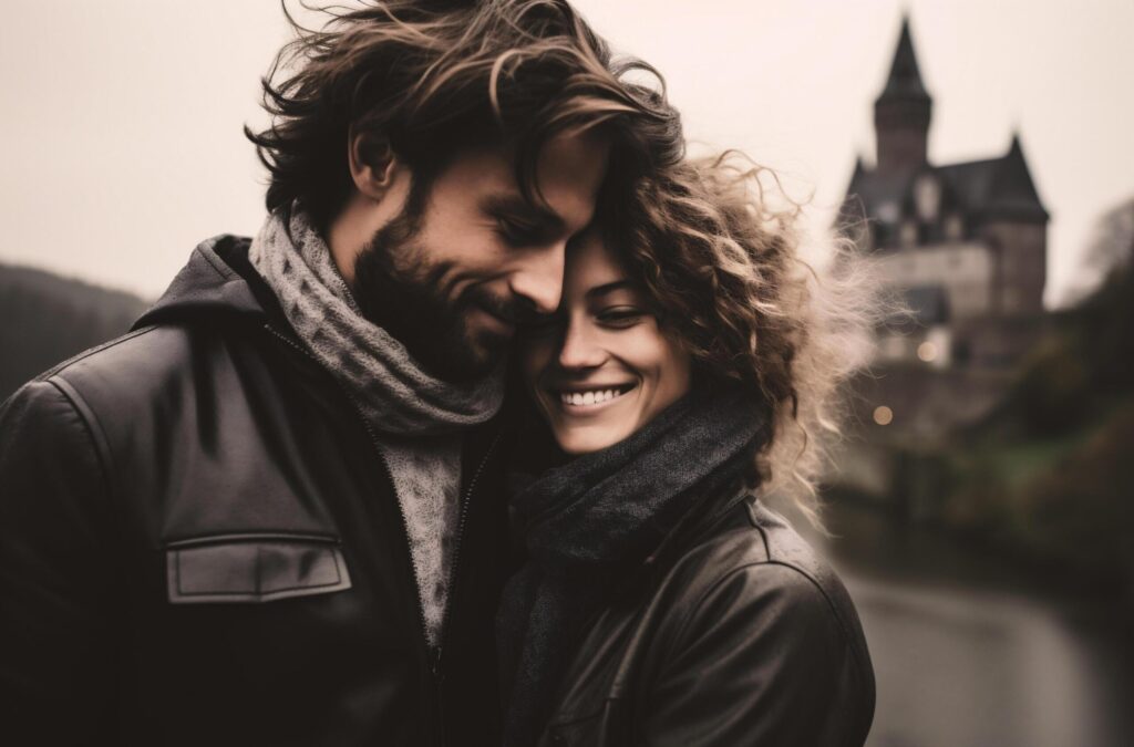 Portrait of a loving couple standing on the bridge and looking at each other Free Photo