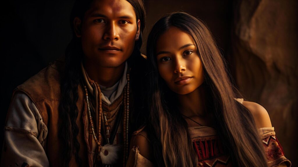 Portrait of a young couple in native american clothing looking at camera Free Photo