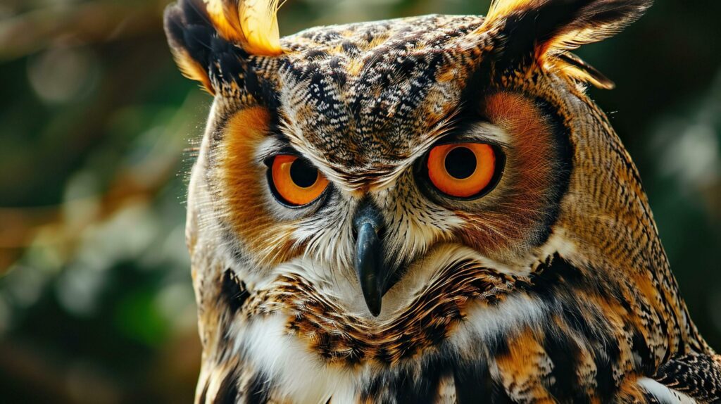 Portrait of an owl with big orange eyes, close-up. Free Photo