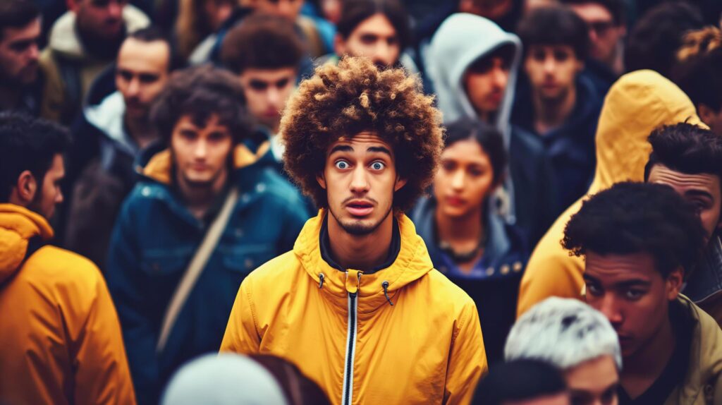 Portrait of confused looking African American man in yellow jacket and afro hair surrounded by crowd of people, diversity concept, background Free Photo