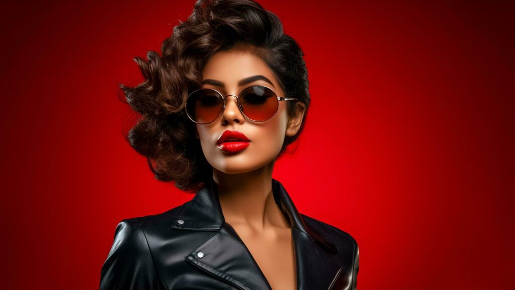 AI generated Photo portrait of Cool woman with sunglasses and black jacket on red background AI Generated Stock Free