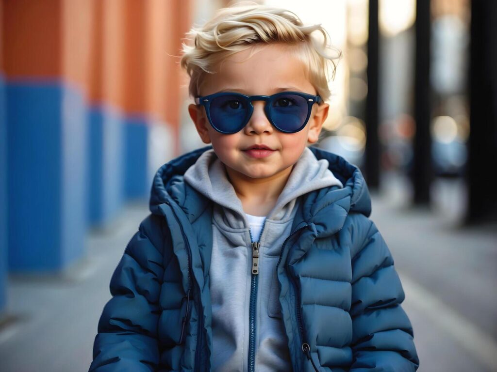 AI generated Portrait of cute little blonde boy with blue sunglasses, fashion and clothing cool kids, life style background, template Stock Free