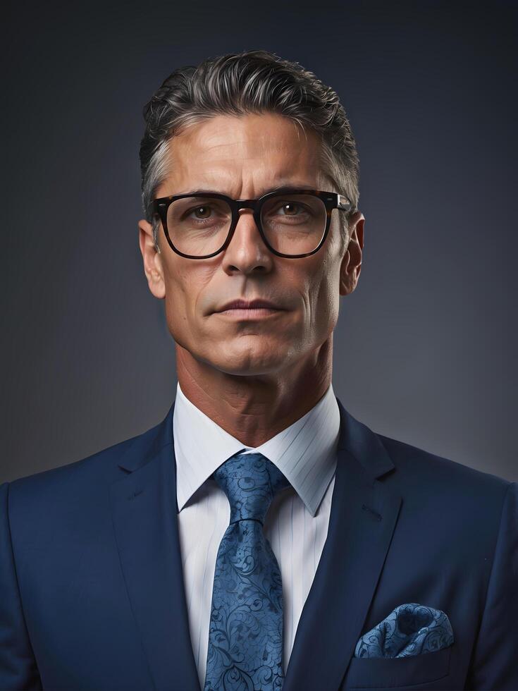 AI generated portrait of handsome mature confident business man smiling in suit and glasses, CEO manager background, successful people Stock Free