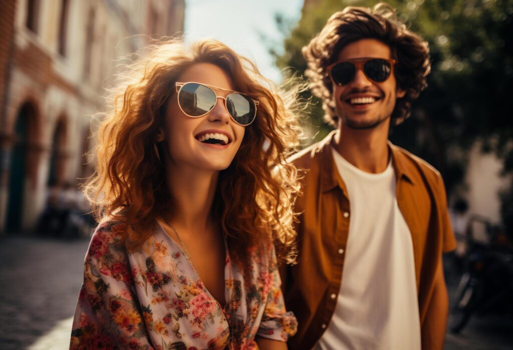 Portrait of happy young couple in sunglasses looking at camera while walking outdoors Free Photo